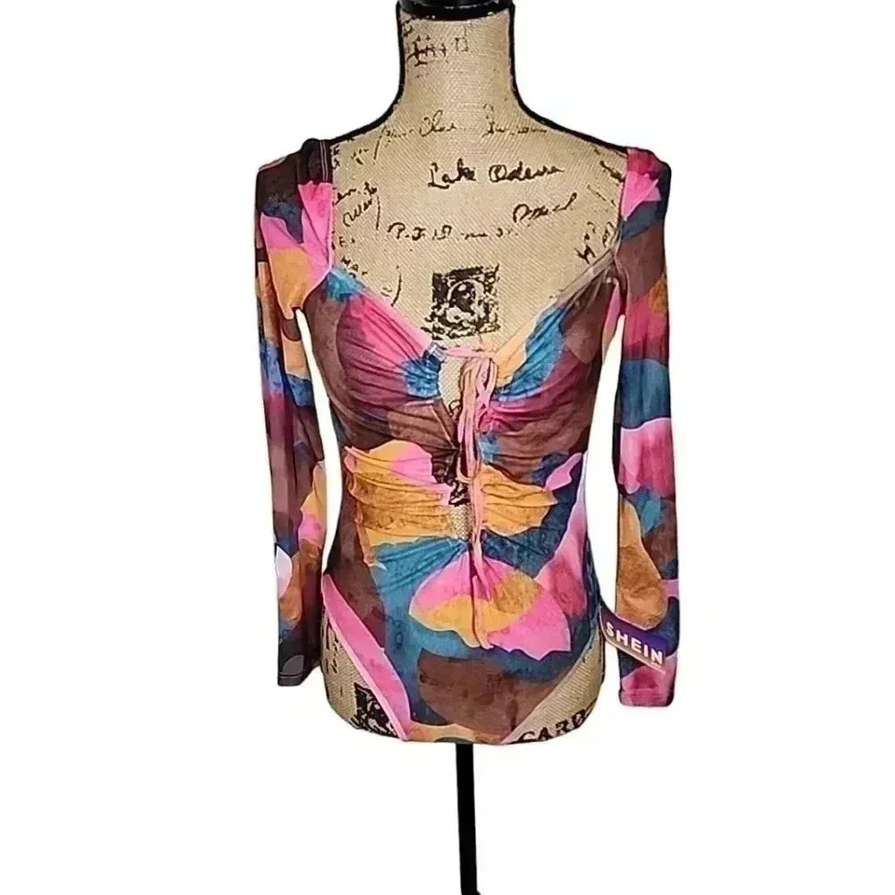 Shein Sheer colorful bodysuit. Nwt size small